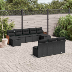 10 Pcs conjunto sofás de jardim c/ almofadões vime PE preto