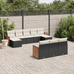 10 Pcs conjunto sofás de jardim c/ almofadões vime PE preto