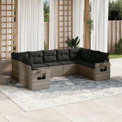 9 Pcs conjunto sofás p/ jardim com almofadões vime PE cinzento
