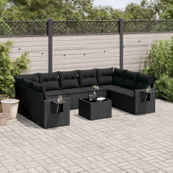 10 Pcs conjunto sofás de jardim c/ almofadões vime PE preto