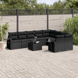 10 Pcs conjunto sofás de jardim c/ almofadões vime PE preto