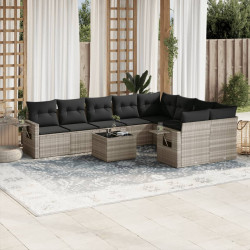 10 Pcs conj. sofás jardim com almofadões vime PE cinzento-claro