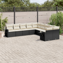 10 Pcs conjunto sofás de jardim c/ almofadões vime PE preto