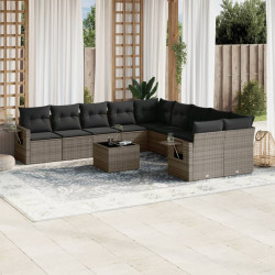 11 Pcs conjunto sofás de jardim c/ almofadões vime PE cinzento