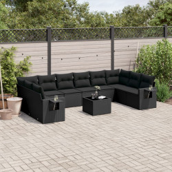11 Pcs conjunto sofás de jardim c/ almofadões vime PE preto