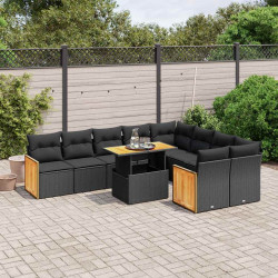 10 Pcs conjunto sofás de jardim c/ almofadões vime PE preto