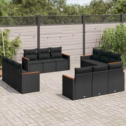 12 Pcs conjunto de sofás de jardim c/ almofadões vime PE preto