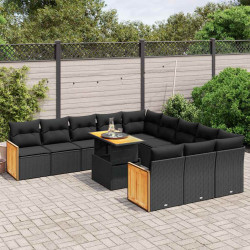 11 Pcs conjunto sofás de jardim c/ almofadões vime PE preto