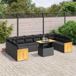11 Pcs conjunto sofás de jardim c/ almofadões vime PE preto
