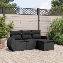 4 Pcs conjunto de sofás para jardim c/ almofadões vime PE preto