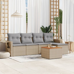 6 Pcs conjunto de sofás p/ jardim com almofadões vime PE bege