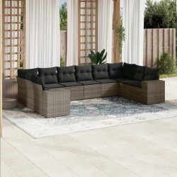 10 Pcs conjunto sofás de jardim c/ almofadões vime PE cinzento
