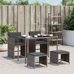 5 Pcs conjunto de jantar p/ jardim c/ almofadões vime PE cinza