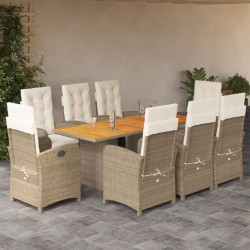 9 Pcs conjunto de jantar p/ jardim com almofadões vime PE bege