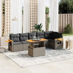 7 Pcs conjunto sofás p/ jardim c/ almofadões vime PE cinzento