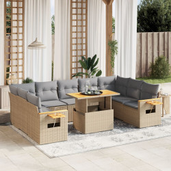 10 Pcs conjunto de sofás p/ jardim com almofadões vime PE bege