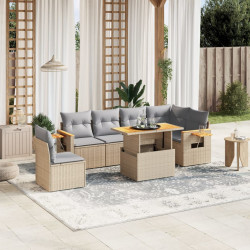 7 Pcs conjunto de sofás p/ jardim com almofadões vime PE bege