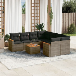9 Pcs conjunto sofás p/ jardim com almofadões vime PE cinzento