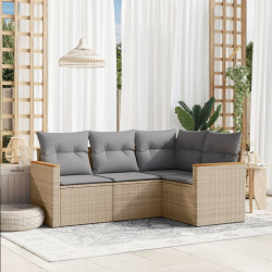 4 Pcs conj. sofás jardim c/ almofadões vime PE bege misturado