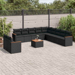 12 Pcs conjunto de sofás de jardim c/ almofadões vime PE preto