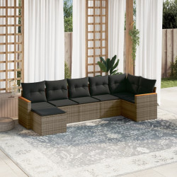 7 Pcs conjunto sofás p/ jardim c/ almofadões vime PE cinzento