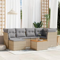 7 Pcs conj. sofás jardim c/ almofadões vime PE bege misturado
