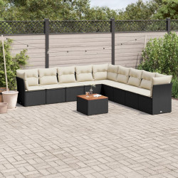10 Pcs conjunto sofás de jardim c/ almofadões vime PE preto