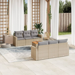 7 Pcs conj. sofás jardim c/ almofadões vime PE bege misturado