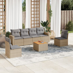 7 Pcs conj. sofás jardim c/ almofadões vime PE bege misturado