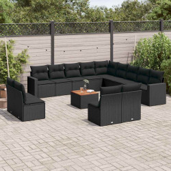 14 Pcs conjunto de sofás p/ jardim c/ almofadões vime PE preto
