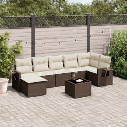 8 Pcs conjunto sofás de jardim c/ almofadões vime PE castanho