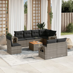 9 Pcs conjunto sofás p/ jardim com almofadões vime PE cinzento