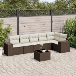 7 Pcs conjunto de sofás jardim c/ almofadões vime PE castanho