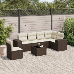 7 Pcs conjunto de sofás jardim c/ almofadões vime PE castanho