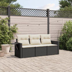 3 Pcs conjunto sofás de jardim com almofadões vime PE preto