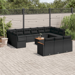 14 Pcs conjunto de sofás p/ jardim c/ almofadões vime PE preto