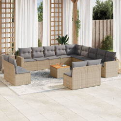14 Pcs conj. sofás jardim c/ almofadões vime PE bege misturado