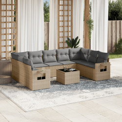 10 Pcs conjunto de sofás p/ jardim com almofadões vime PE bege