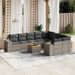 10 Pcs conjunto sofás de jardim c/ almofadões vime PE cinzento