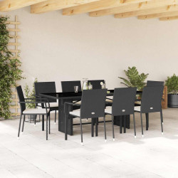 9 Pcs conjunto de jantar p/ jardim c/ almofadões vime PE preto