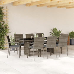 9 Pcs conjunto de jantar p/ jardim c/ almofadões vime PE cinza