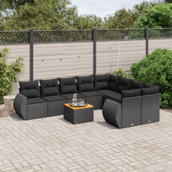 10 Pcs conjunto sofás de jardim c/ almofadões vime PE preto