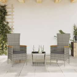 3 Pcs conjunto de jantar p/ jardim c/ almofadões vime PE cinza
