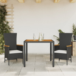 3 Pcs conjunto de jantar p/ jardim c/ almofadões vime PE preto