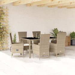 7 Pcs conjunto de jantar p/ jardim com almofadões vime PE bege