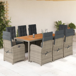 9 Pcs conjunto de jantar p/ jardim c/ almofadões vime PE cinza