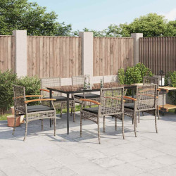 7 Pcs conjunto de jantar p/ jardim c/ almofadões vime PE cinza