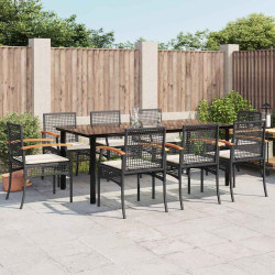 9 Pcs conjunto de jantar p/ jardim c/ almofadões vime PE preto