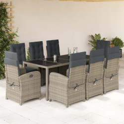 9 Pcs conjunto de jantar p/ jardim c/ almofadões vime PE cinza