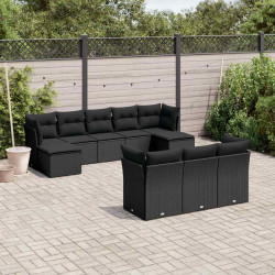 10 Pcs conjunto sofás de jardim c/ almofadões vime PE preto